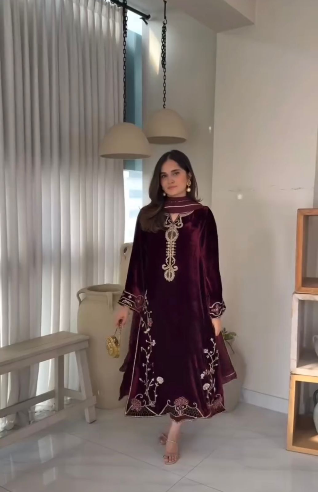 Maroon Viscose Velvet With Lace Work Salwar Suit