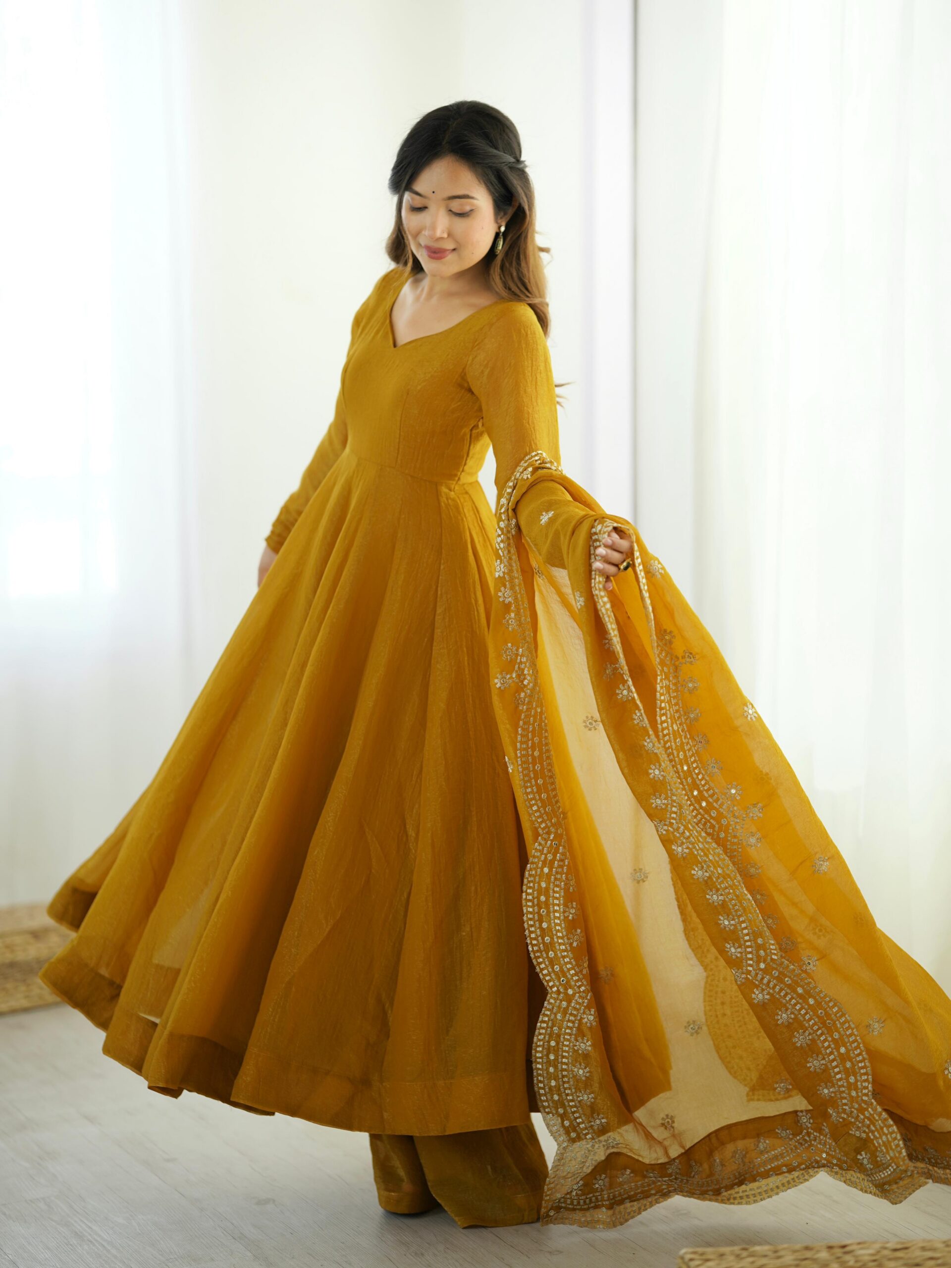 Mustard Fandy Silk Embroidery Work Gown - Image 9