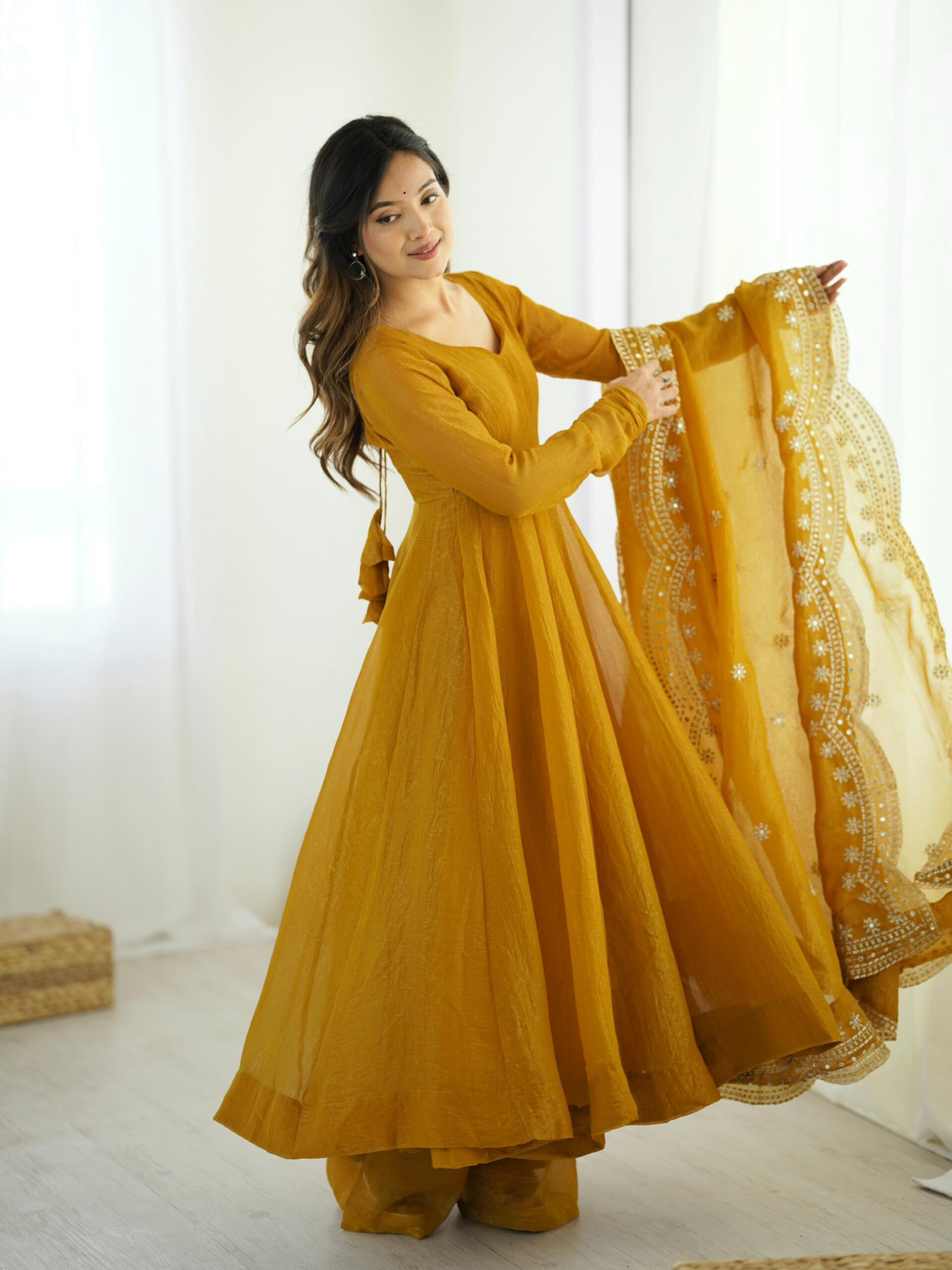 Mustard Fandy Silk Embroidery Work Gown - Image 8