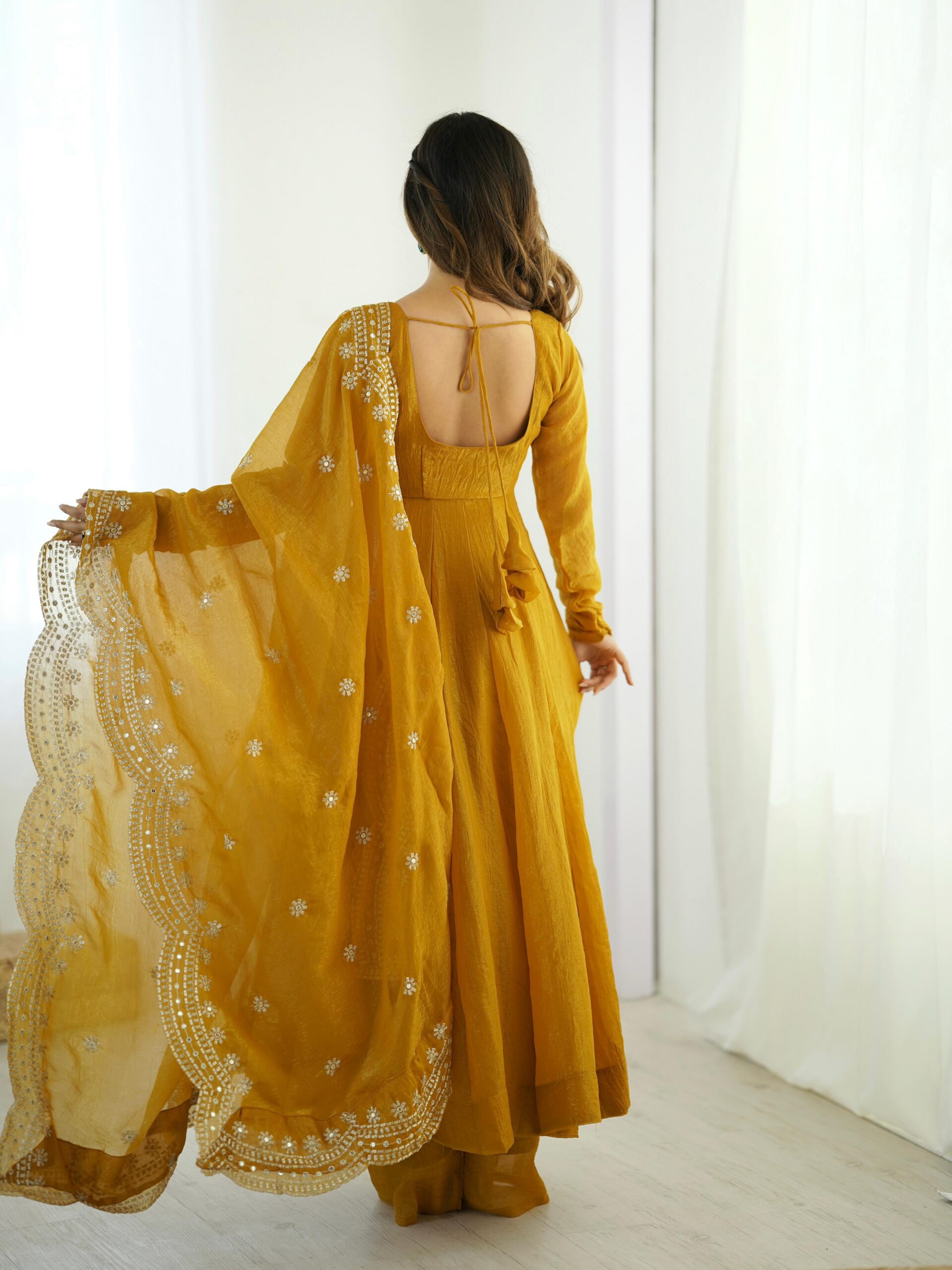 Mustard Fandy Silk Embroidery Work Gown - Image 7