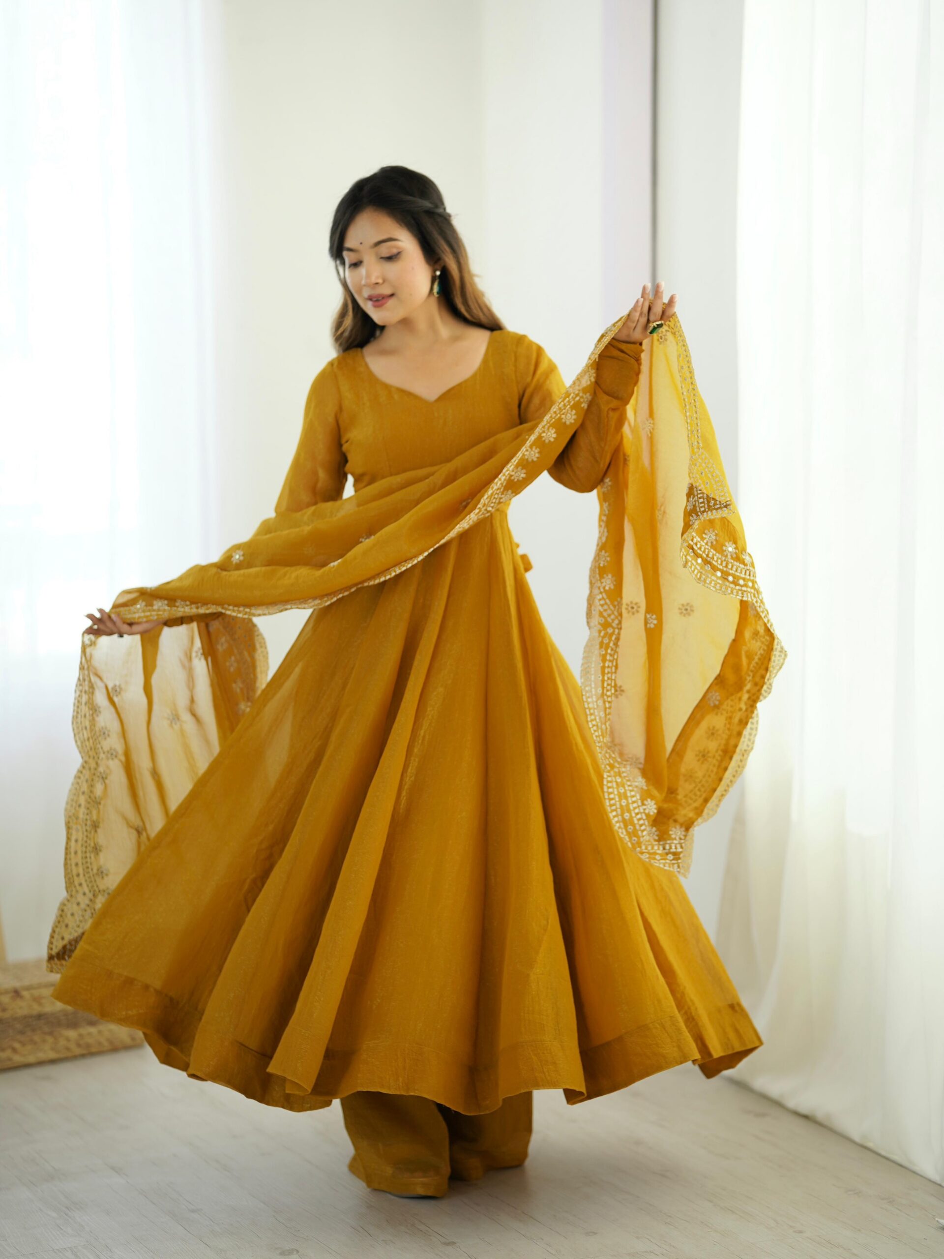Mustard Fandy Silk Embroidery Work Gown - Image 6