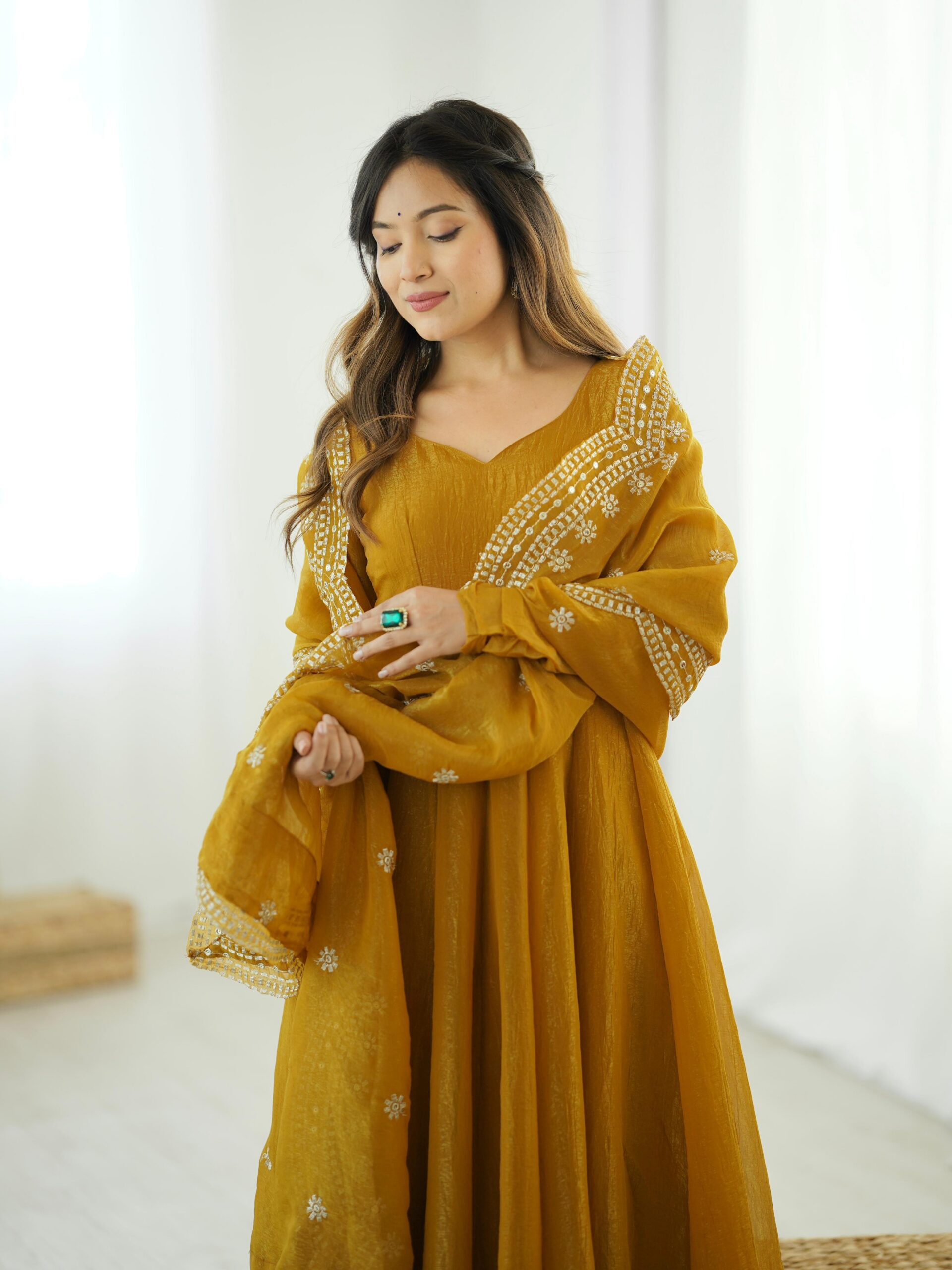 Mustard Fandy Silk Embroidery Work Gown - Image 5