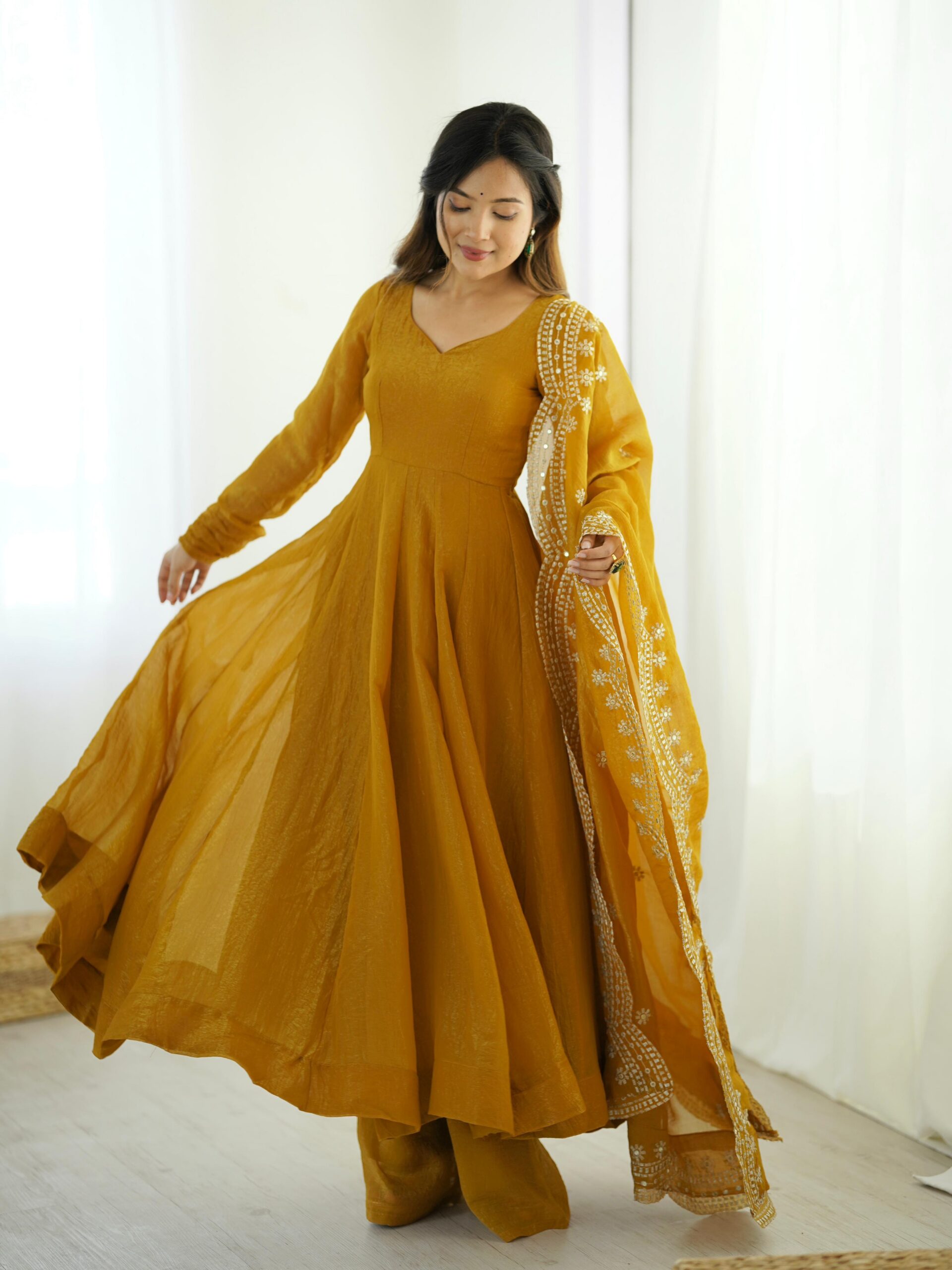 Mustard Fandy Silk Embroidery Work Gown - Image 4
