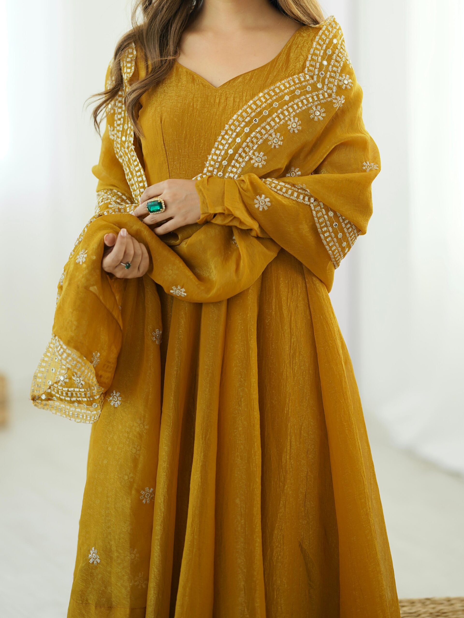 Mustard Fandy Silk Embroidery Work Gown - Image 3