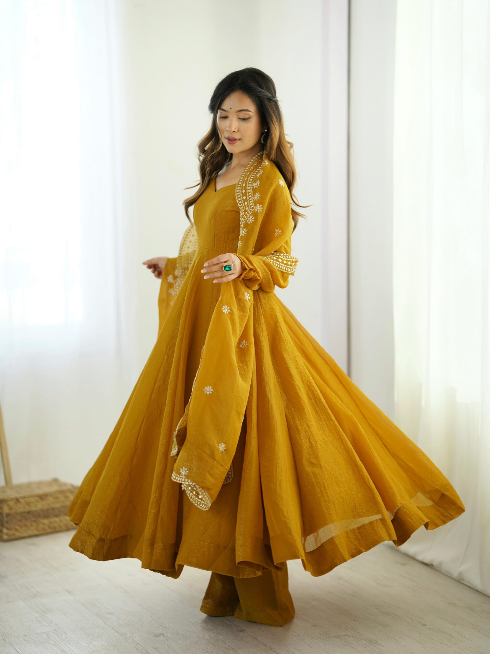 Mustard Fandy Silk Embroidery Work Gown - Image 2