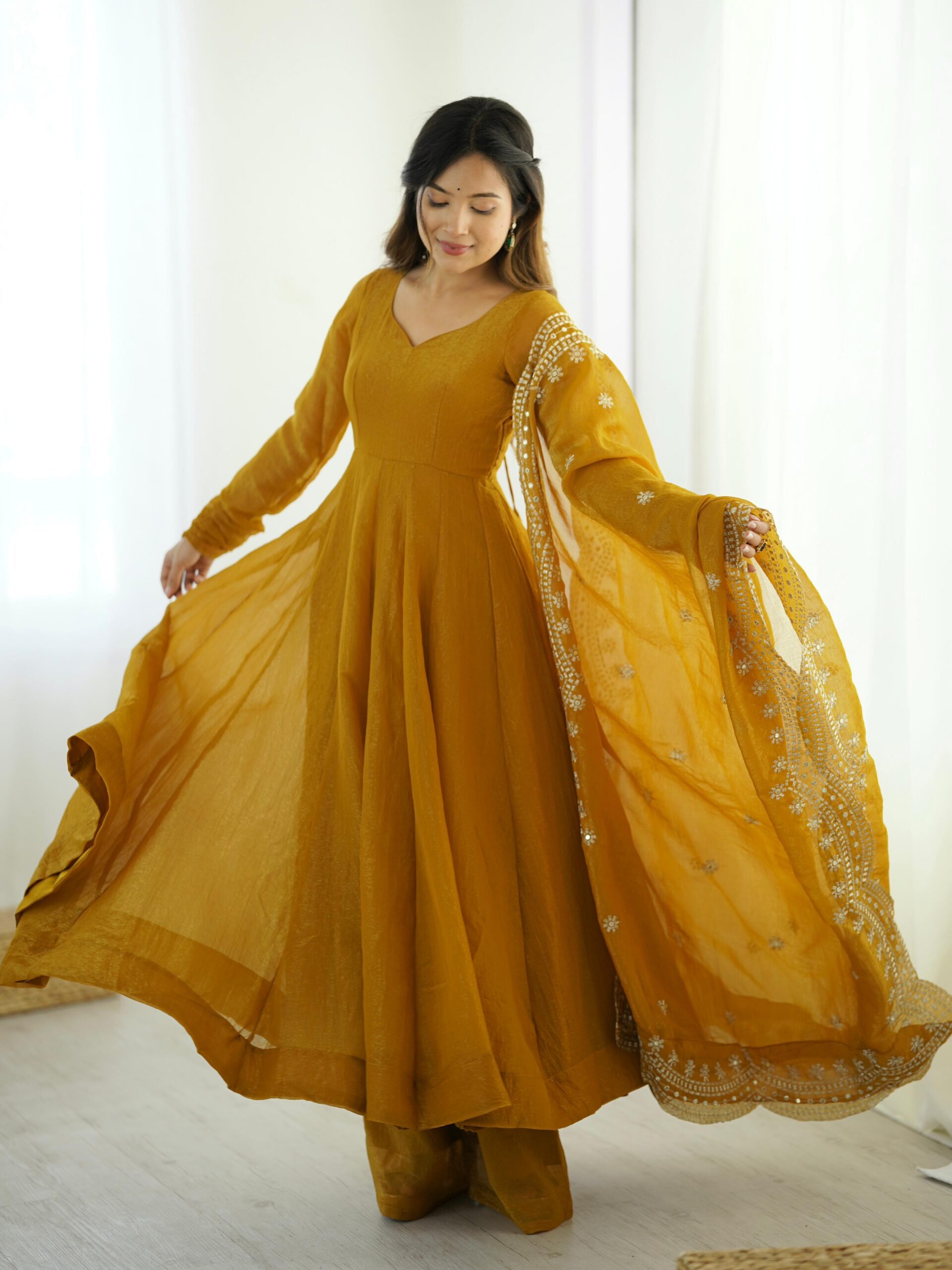 Mustard Fandy Silk Embroidery Work Gown
