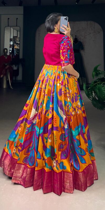 YNF 5035 Mustard in Taser Silk Zari Work & Kalamkari Print Gown . Available at ₹1799 only. Delivery 4-6 Working Days. Shop now. | Bollywood Gowns, Creative Gowns, Designer Gowns, Embroidered Gowns, Gowns, Party Wear Gowns