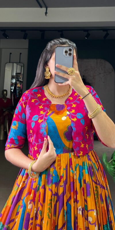 YNF 5035 Mustard in Taser Silk Zari Work & Kalamkari Print Gown . Available at ₹1799 only. Delivery 4-6 Working Days. Shop now. | Bollywood Gowns, Creative Gowns, Designer Gowns, Embroidered Gowns, Gowns, Party Wear Gowns