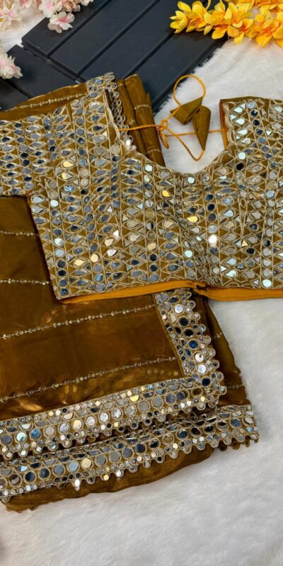 BT 413 Mustered Organza Silk Saree with Mirror Work & Embroidery Work. Introductory Price ₹1999. Delivery 4-6 Working Days. Shop now. | Creative Sarees, Embroidered Sarees, Bollywood Sarees, Designer Sarees, Ethnic Saree, Modern Digital sarees, Party Wear Sarees, Sarees