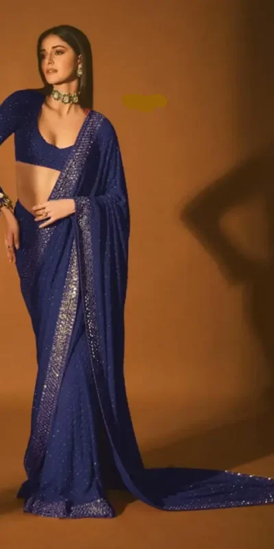 DF 3465 Navy Blue Faux Georgette Saree with Embroidery Work & Mirror Work. Affordable Price ₹2099. Delivery 4-6 Working Days. Shop now. | Creative Sarees, Embroidered Sarees, Bollywood Sarees, Designer Sarees, Ethnic Saree, Modern Digital sarees, Party Wear Sarees, Sarees