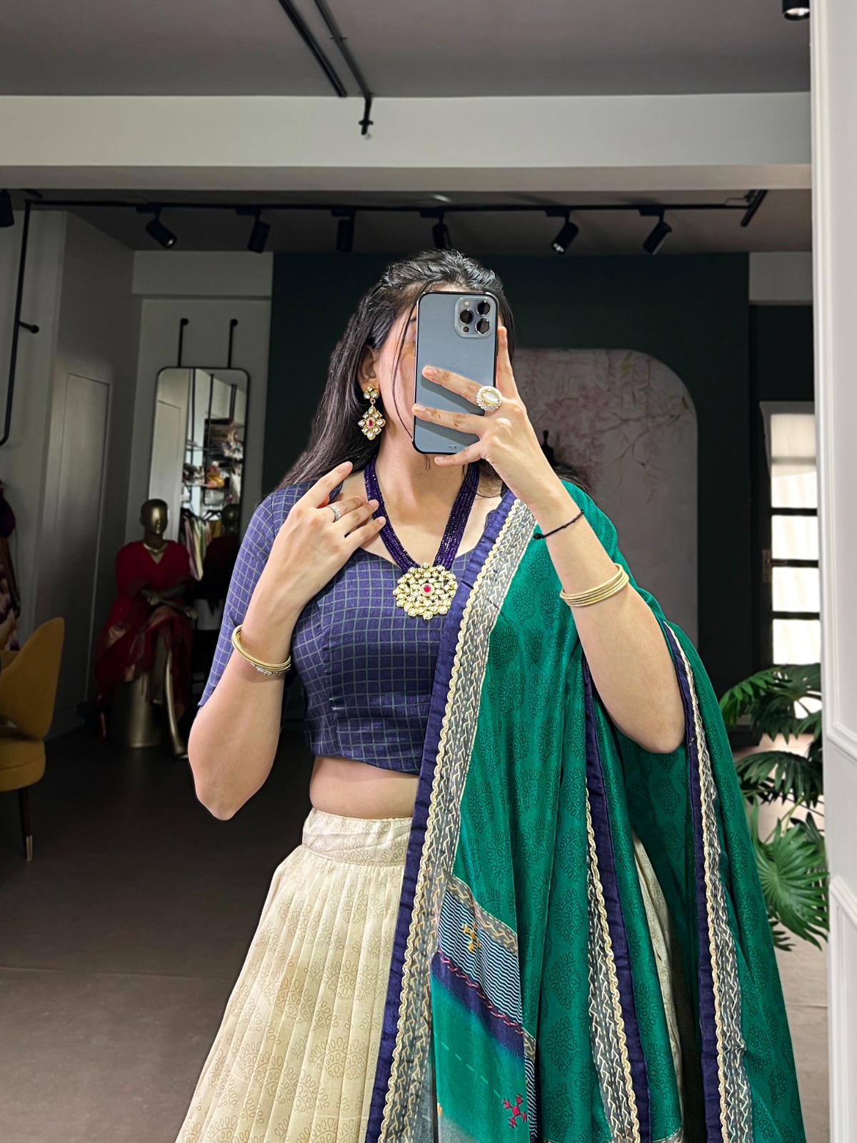 Navy Blue Taser Silk Printed Lehenga Choli - Image 3