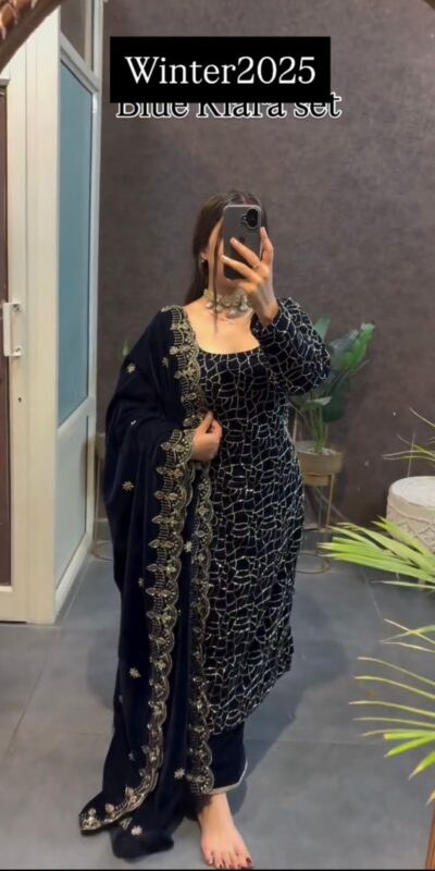 Navy Blue Viscose Velvet Thread Work Salwar Suit