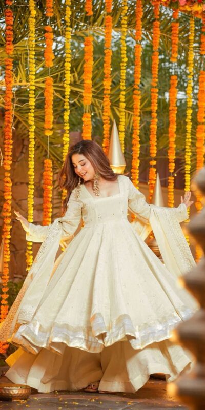 KD 1555 Off White Chinon Silk Gown Perfect for Wedding, Party, Engagement, Lohri, Diwali – . Grab it for ₹2149. Delivery 4-6 Working Days. Shop n | Bollywood Gowns, Creative Gowns, Designer Gowns, Embroidered Gowns, Gowns, Party Wear Gowns