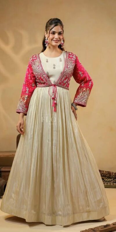 BT 5022 Off White Mono Silk Gown Perfect for Wedding, Party, Housewarming, Sangeet, Pongal – . Available at ₹2149 only. Delivery 4-6 Working Days. | Bollywood Gowns, Creative Gowns, Designer Gowns, Embroidered Gowns, Gowns, Party Wear Gowns