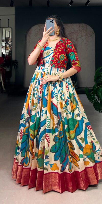 YNF 5035 Off White in Taser Silk Zari Work & Kalamkari Print Gown . Available at ₹1799 only. Delivery 4-6 Working Days. Shop now. | Bollywood Gowns, Creative Gowns, Designer Gowns, Embroidered Gowns, Gowns, Party Wear Gowns