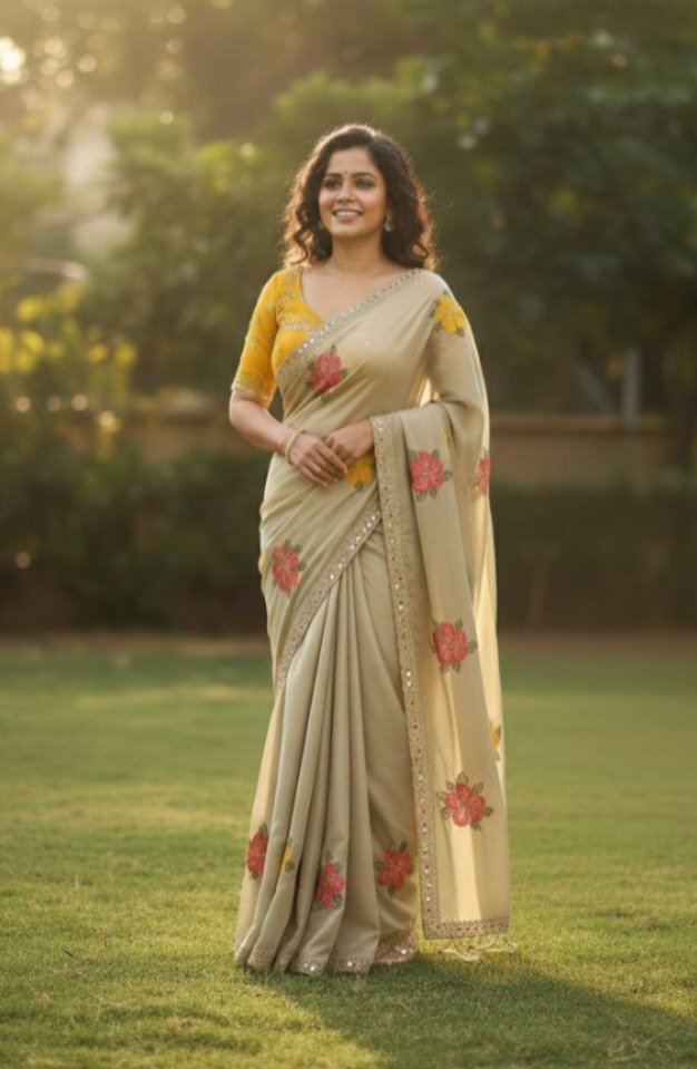 Off White Viscose Rangoli Embroidery Mirror Work Saree - Image 4