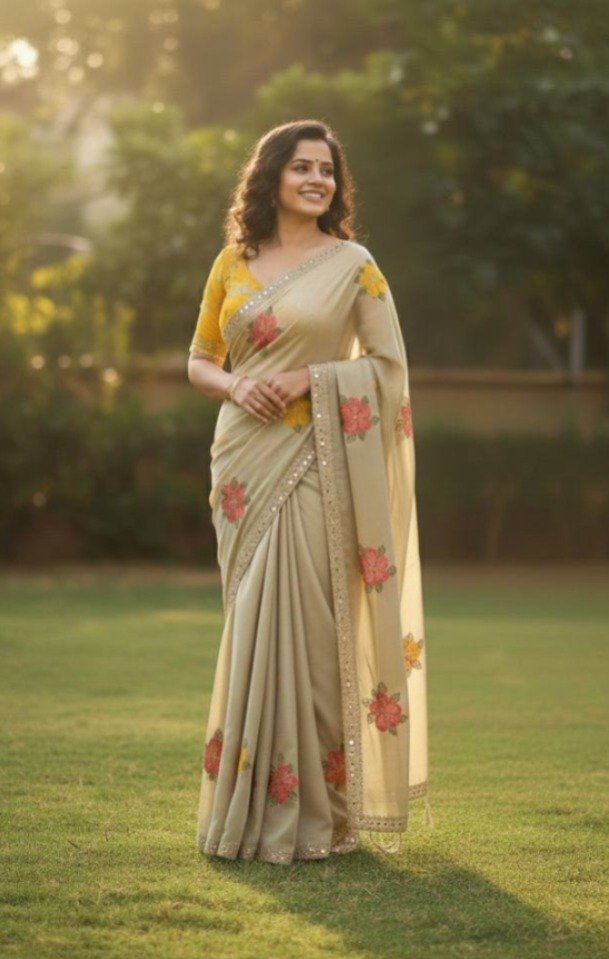 Off White Viscose Rangoli Embroidery Mirror Work Saree - Image 5