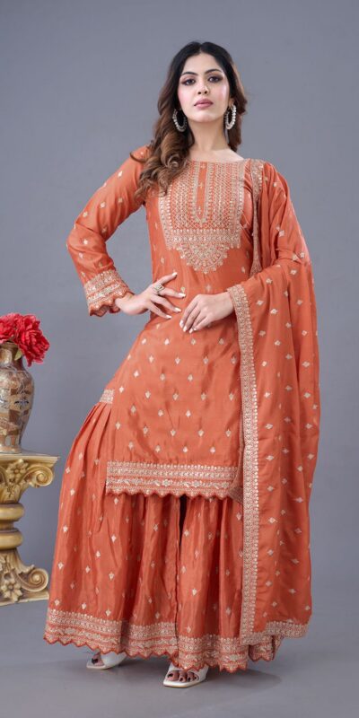 ZF 5006 Orange Color Chinon Silk Sequence Work Salwar Suit Casual, Wedding, Festive, Events . Expected Delivery  4-6 Working Days @2149/- only      | Casual Suits, Jump Suits, Creative suits, Designer Suits, Palazzo Suits, Party Wear Suits, Patiala Suits, Salwar suit, Straight Suits