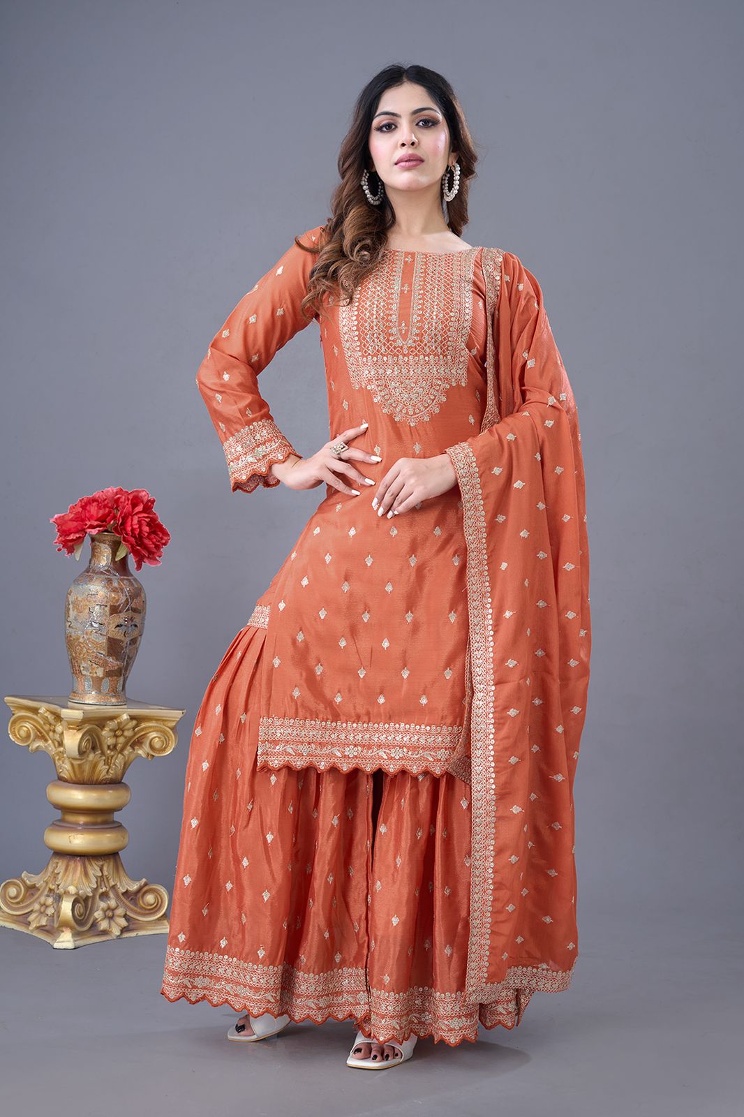 ZF 5006 Orange Color Chinon Silk Sequence Work Salwar Suit Casual, Wedding, Festive, Events . Expected Delivery 4-6 Working Days @2149/- only | Casual Suits, Jump Suits, Creative suits, Designer Suits, Palazzo Suits, Party Wear Suits, Patiala Suits, Salwar suit, Straight Suits