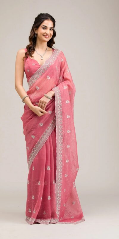 Peach Crunchy Ciffon Embroidery Zari Work Saree