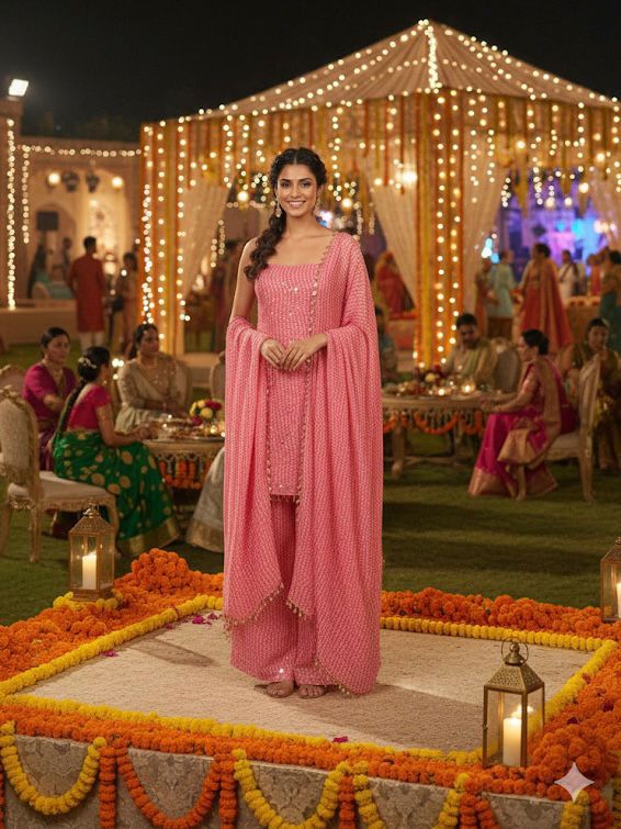 Peach Faux Georgette Sequins Mirror Work Salwar Suit - Image 6