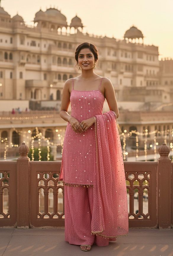 Peach Faux Georgette Sequins Mirror Work Salwar Suit - Image 4