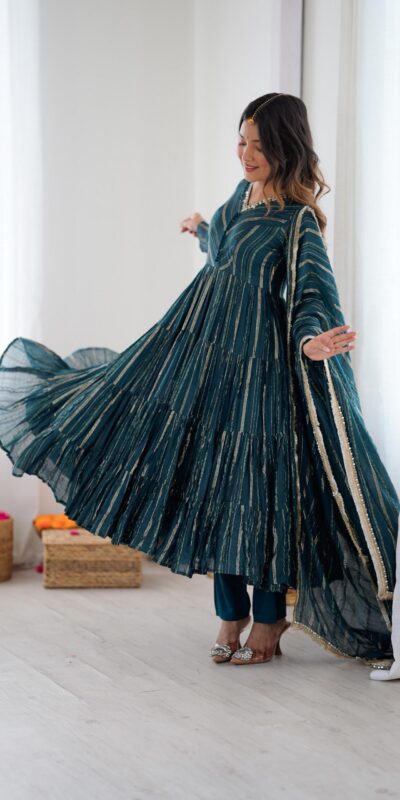 SRK 5305 Peacock Blue Color Mal Chanderi Gown with Mirror Work & Lace Work. Grab it for ₹2399. Delivery 4-6 Working Days. Shop now. | Bollywood Gowns, Creative Gowns, Designer Gowns, Embroidered Gowns, Gowns, Party Wear Gowns