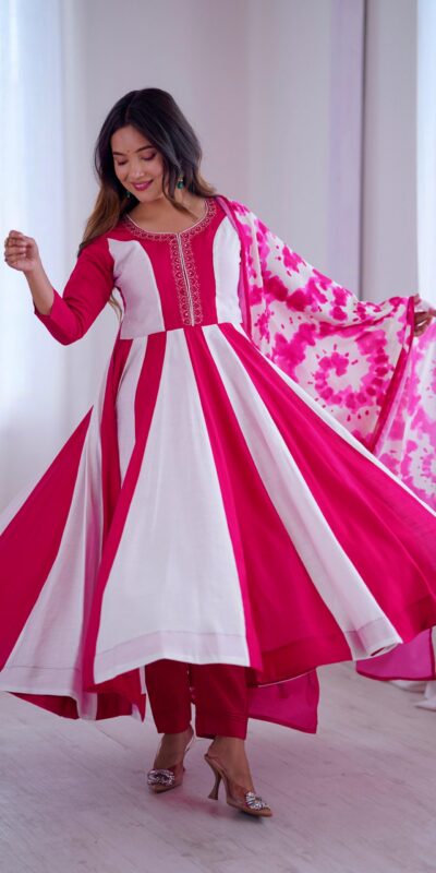 ZF 5014 Pink Roman Silk Gown with Embroidery Work & Digital Print . Exclusive Offer ₹2149. Delivery 4-6 Working Days. Shop now. | Bollywood Gowns, Creative Gowns, Designer Gowns, Embroidered Gowns, Gowns, Party Wear Gowns