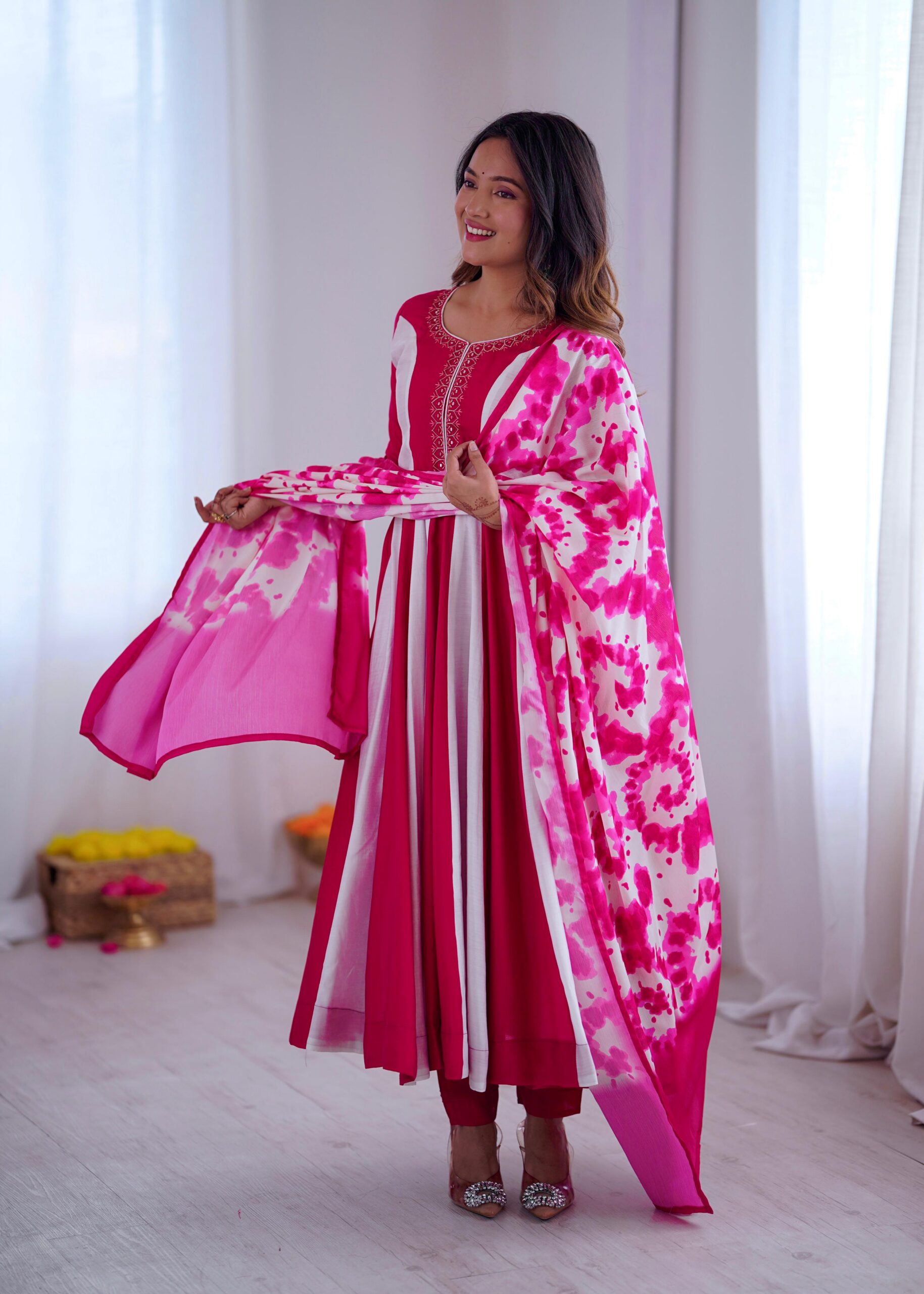 Pink Roman Silk Embroidery Work Digital Print Gown - Image 10