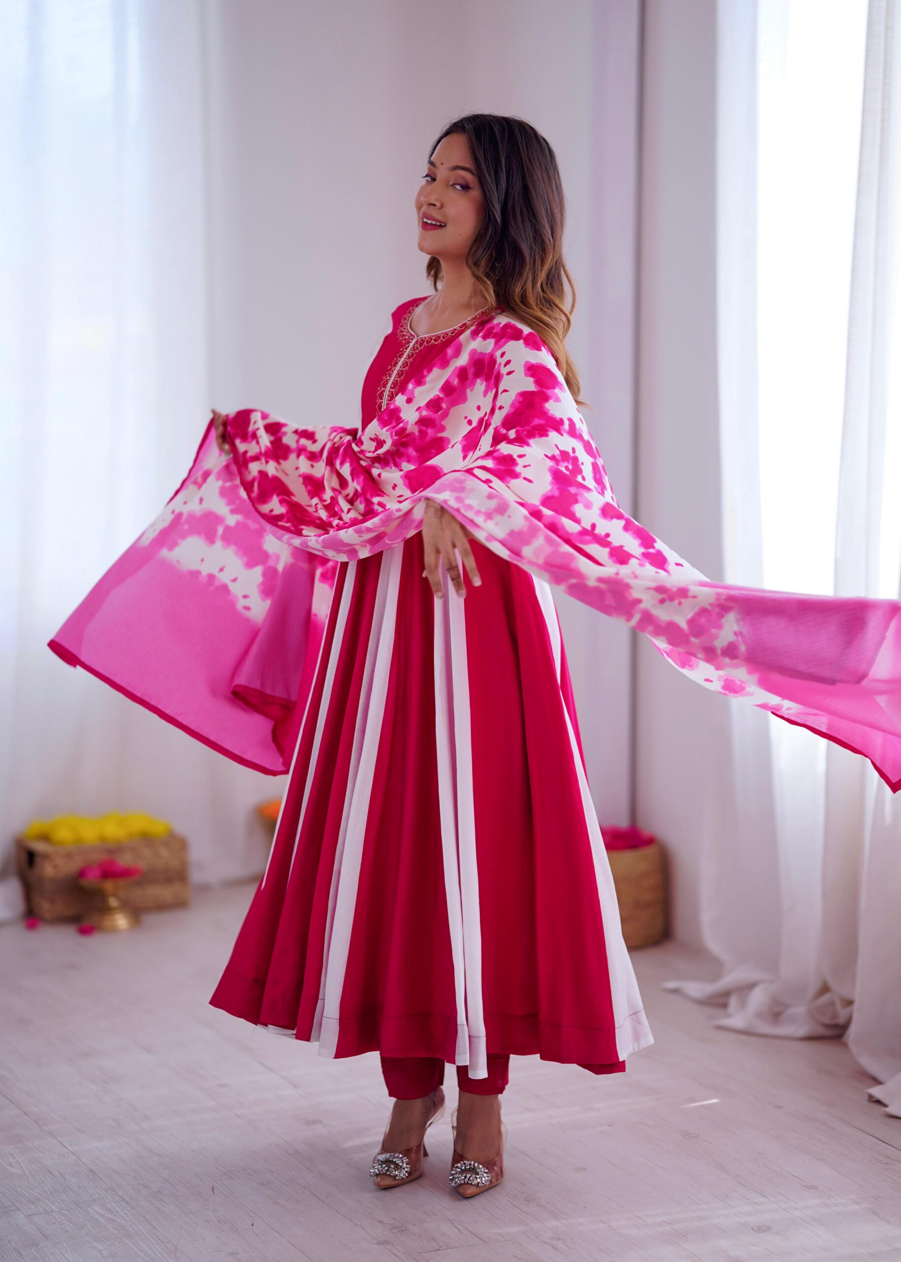 Pink Roman Silk Embroidery Work Digital Print Gown - Image 8