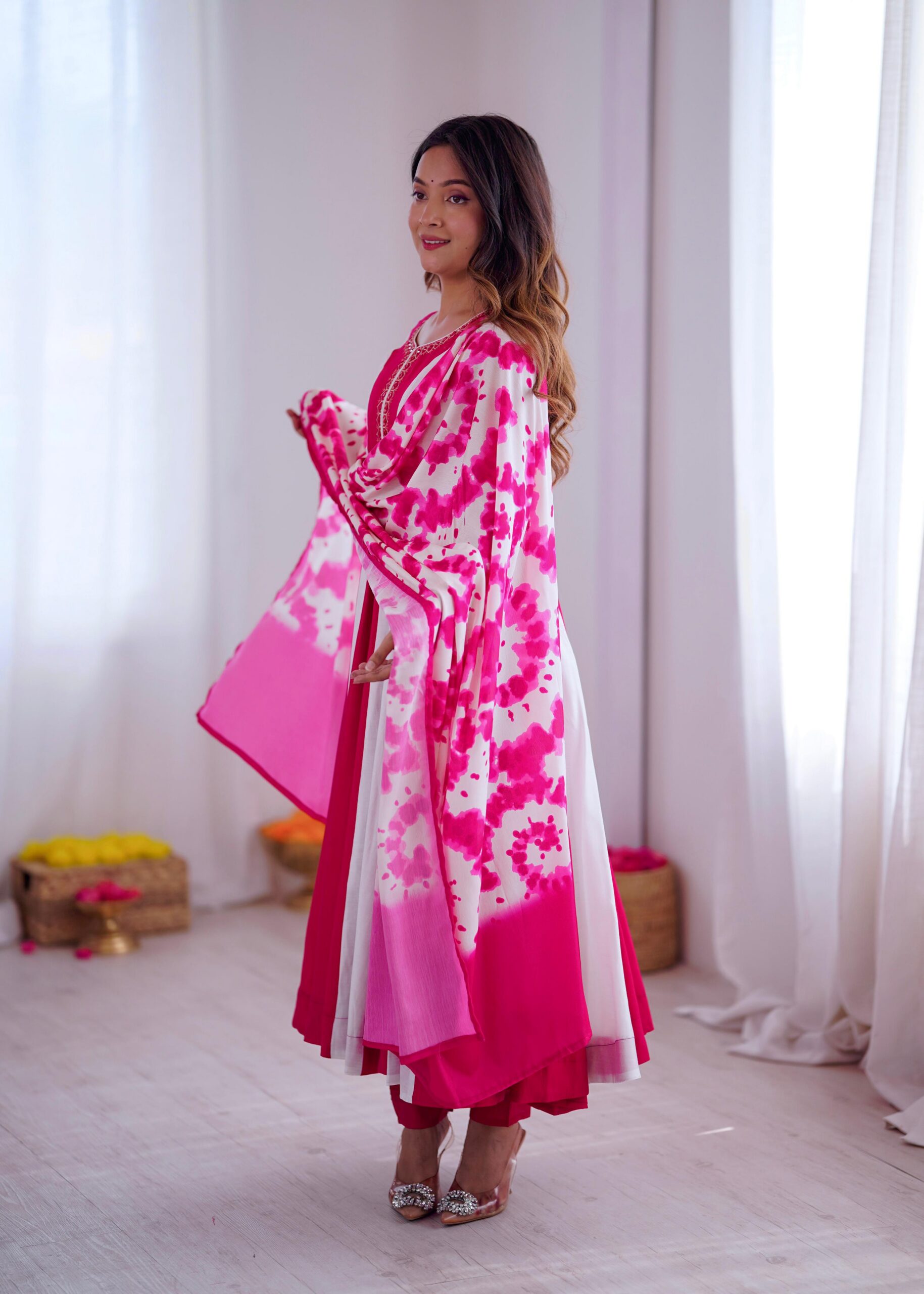 Pink Roman Silk Embroidery Work Digital Print Gown - Image 7