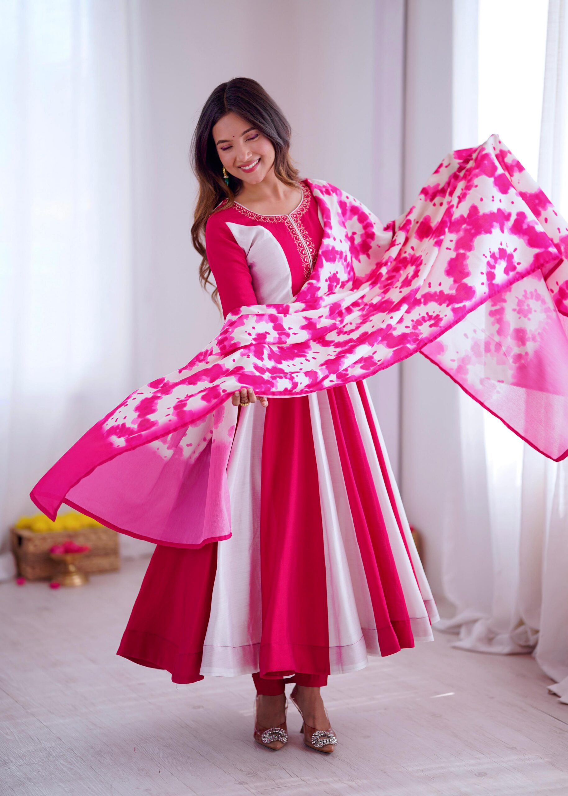 Pink Roman Silk Embroidery Work Digital Print Gown - Image 6