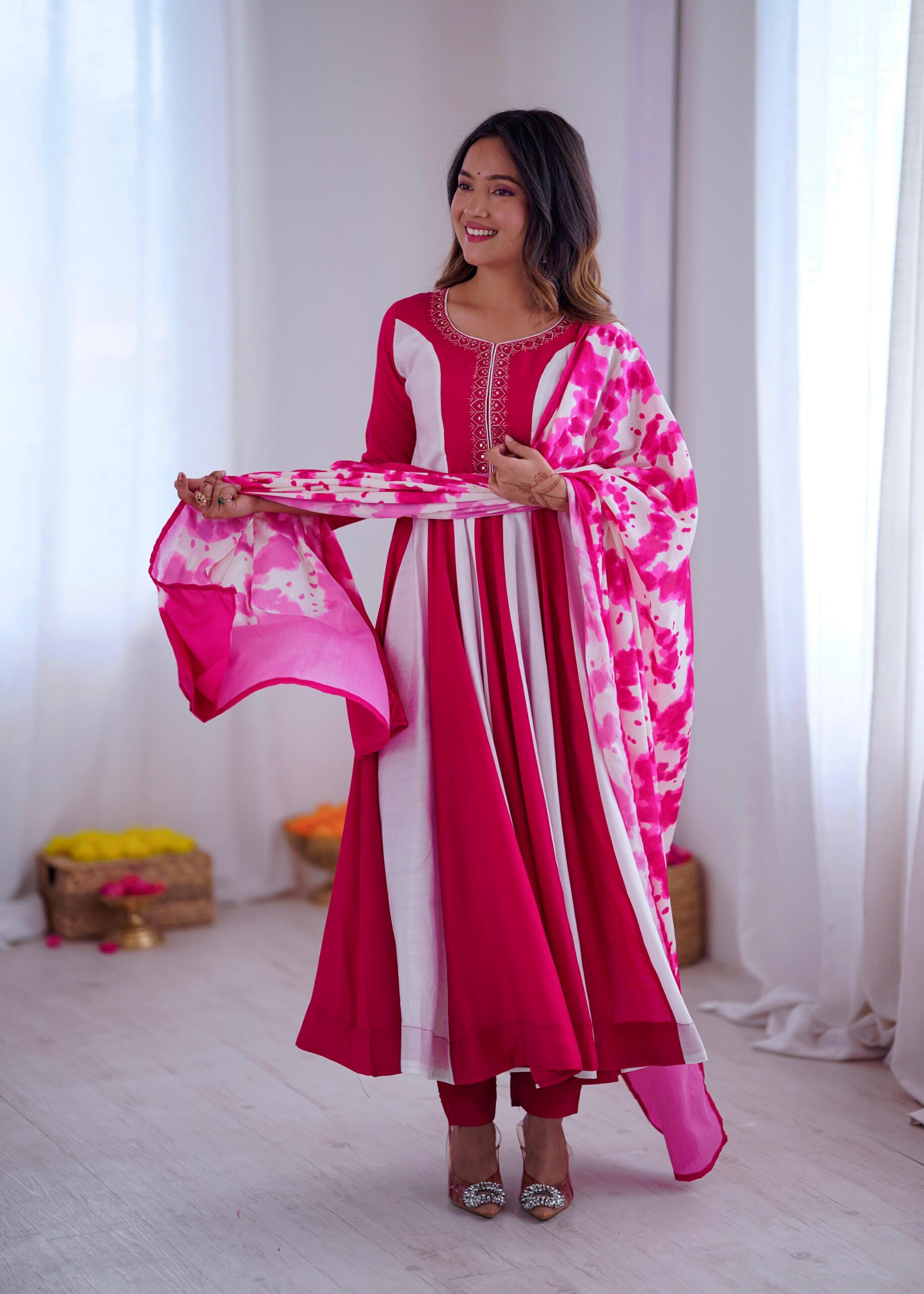 Pink Roman Silk Embroidery Work Digital Print Gown - Image 5