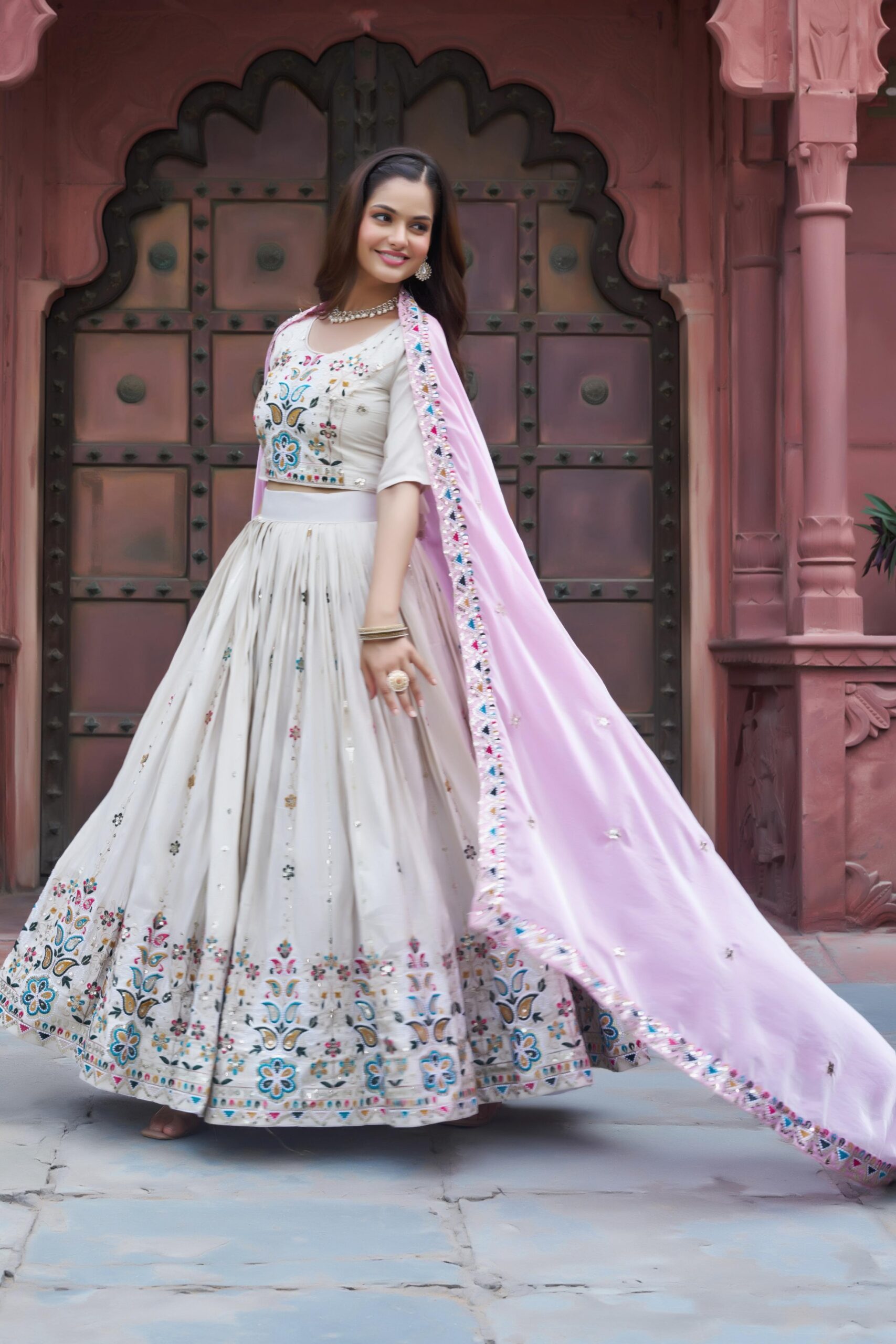 Pink Tissue Silk Thread Embroidery Work Lehenga Choli - Image 5