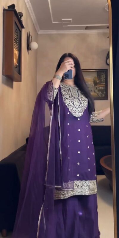Purple Faux Georgette Lace Work Salwar Suit
