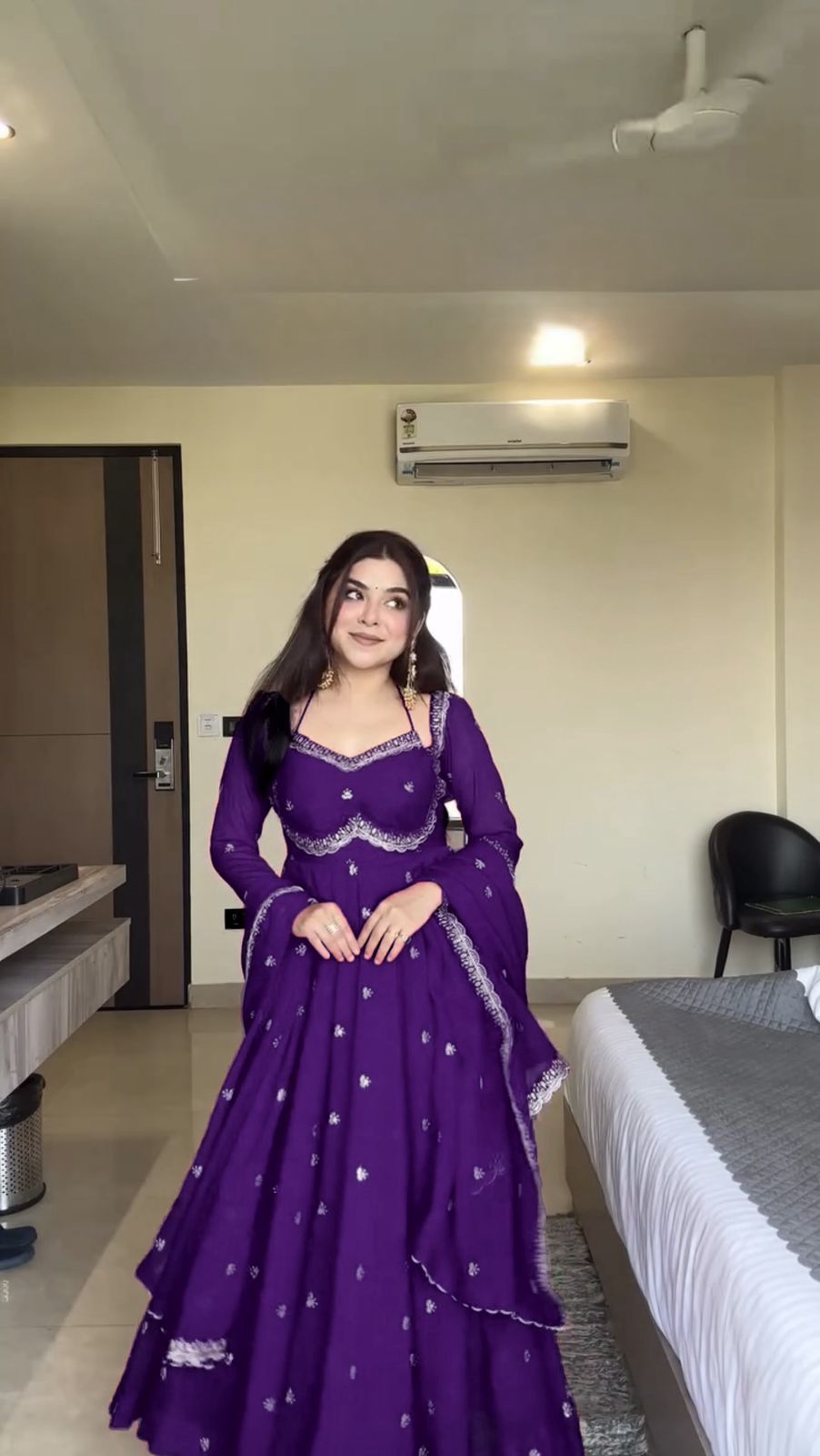 Purple Georgette Embroidery Work Gown - Image 2