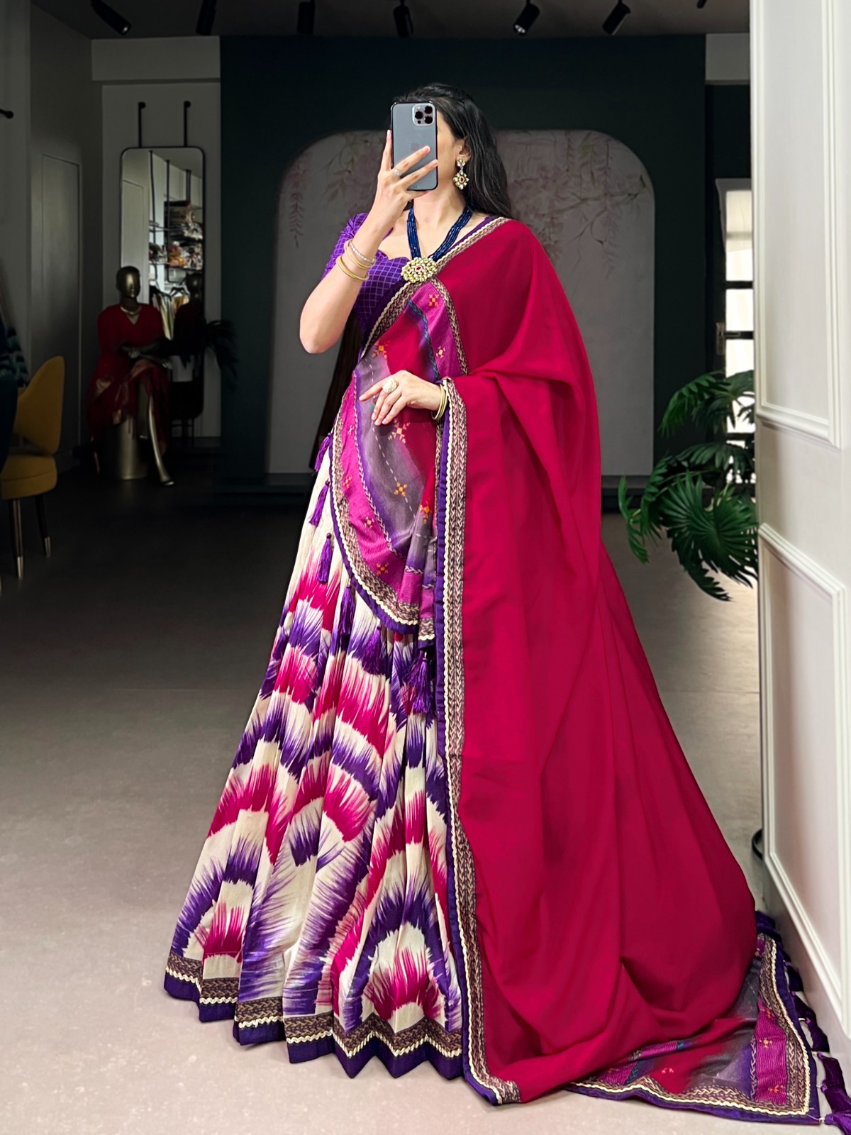 Purple Taser Silk Printed Lehenga Choli - Image 3
