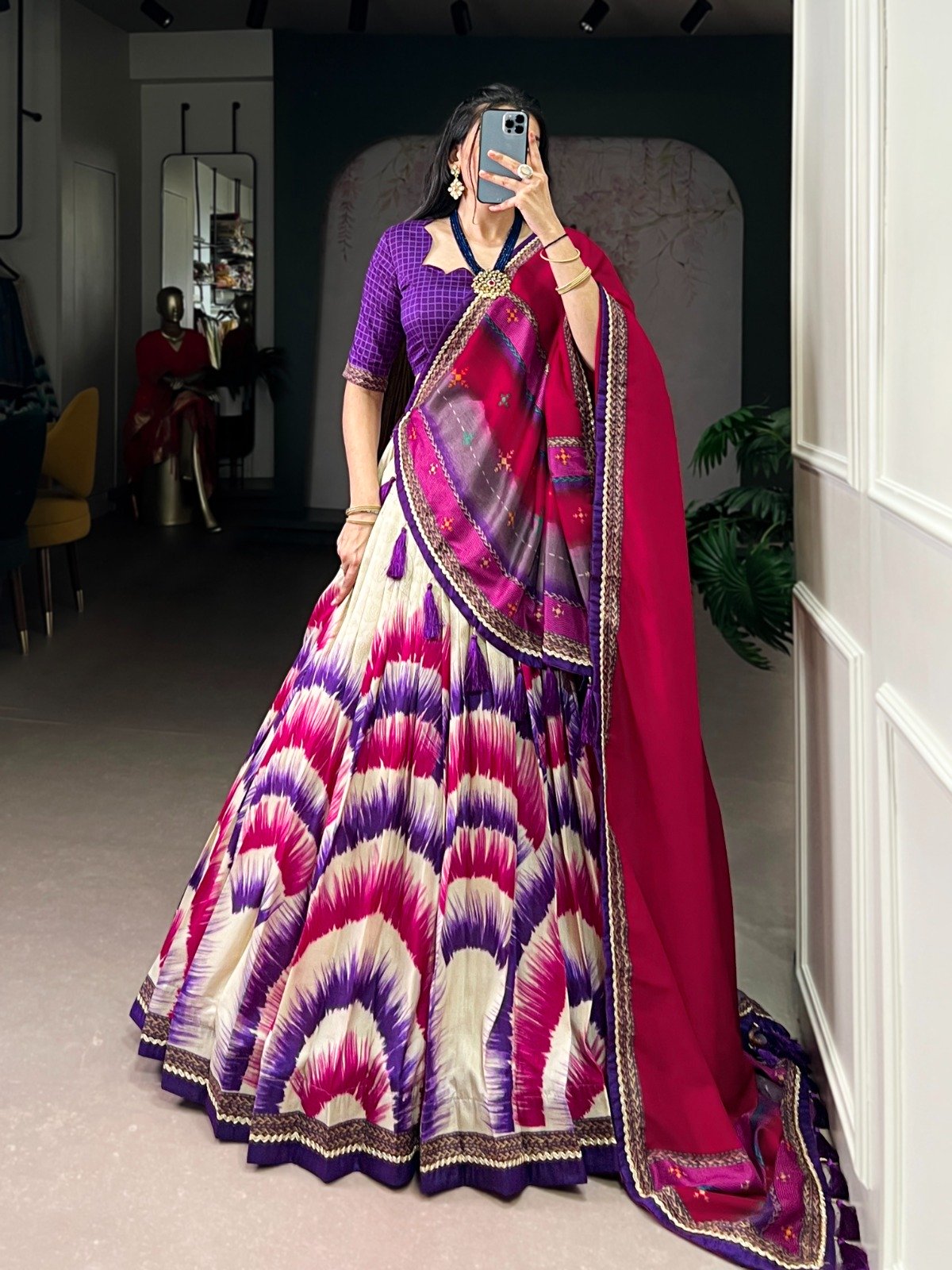 Purple Taser Silk Printed Lehenga Choli - Image 2
