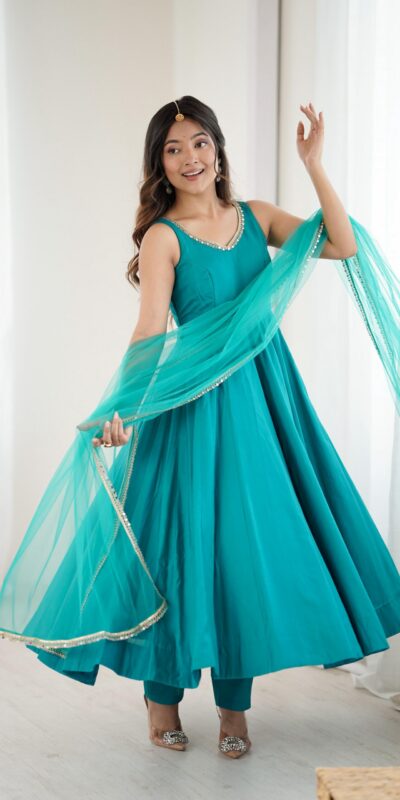 KB 285 Rama Color in Roman Silk Chanderi Mirror Work & Lace Work Gown . Best Price ₹1929. Delivery 4-6 Working Days. Shop now. | Bollywood Gowns, Creative Gowns, Designer Gowns, Embroidered Gowns, Gowns, Party Wear Gowns