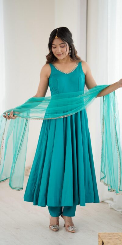 KB 285 Rama Color in Roman Silk Chanderi Mirror Work & Lace Work Gown . Best Price ₹1929. Delivery 4-6 Working Days. Shop now. | Bollywood Gowns, Creative Gowns, Designer Gowns, Embroidered Gowns, Gowns, Party Wear Gowns