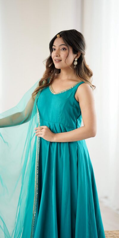 KB 285 Rama Color in Roman Silk Chanderi Mirror Work & Lace Work Gown . Best Price ₹1929. Delivery 4-6 Working Days. Shop now. | Bollywood Gowns, Creative Gowns, Designer Gowns, Embroidered Gowns, Gowns, Party Wear Gowns