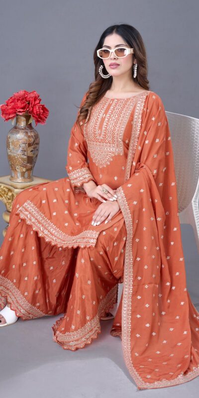 ZF 5006 Orange Color Chinon Silk Sequence Work Salwar Suit Casual, Wedding, Festive, Events . Expected Delivery 4-6 Working Days @2149/- only | Casual Suits, Jump Suits, Creative suits, Designer Suits, Palazzo Suits, Party Wear Suits, Patiala Suits, Salwar suit, Straight Suits