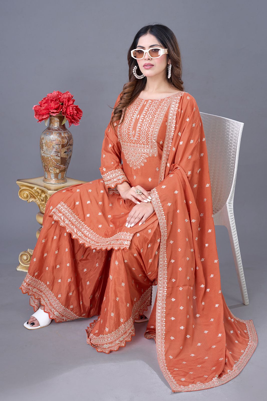 ZF 5006 Orange Color Chinon Silk Sequence Work Salwar Suit Casual, Wedding, Festive, Events . Expected Delivery 4-6 Working Days @2149/- only | Casual Suits, Jump Suits, Creative suits, Designer Suits, Palazzo Suits, Party Wear Suits, Patiala Suits, Salwar suit, Straight Suits