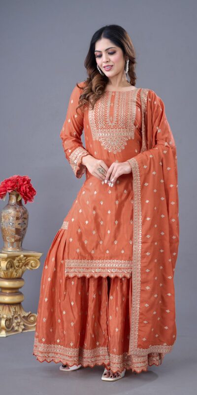 ZF 5006 Orange Color Chinon Silk Sequence Work Salwar Suit Casual, Wedding, Festive, Events . Expected Delivery  4-6 Working Days @2149/- only      | Casual Suits, Jump Suits, Creative suits, Designer Suits, Palazzo Suits, Party Wear Suits, Patiala Suits, Salwar suit, Straight Suits