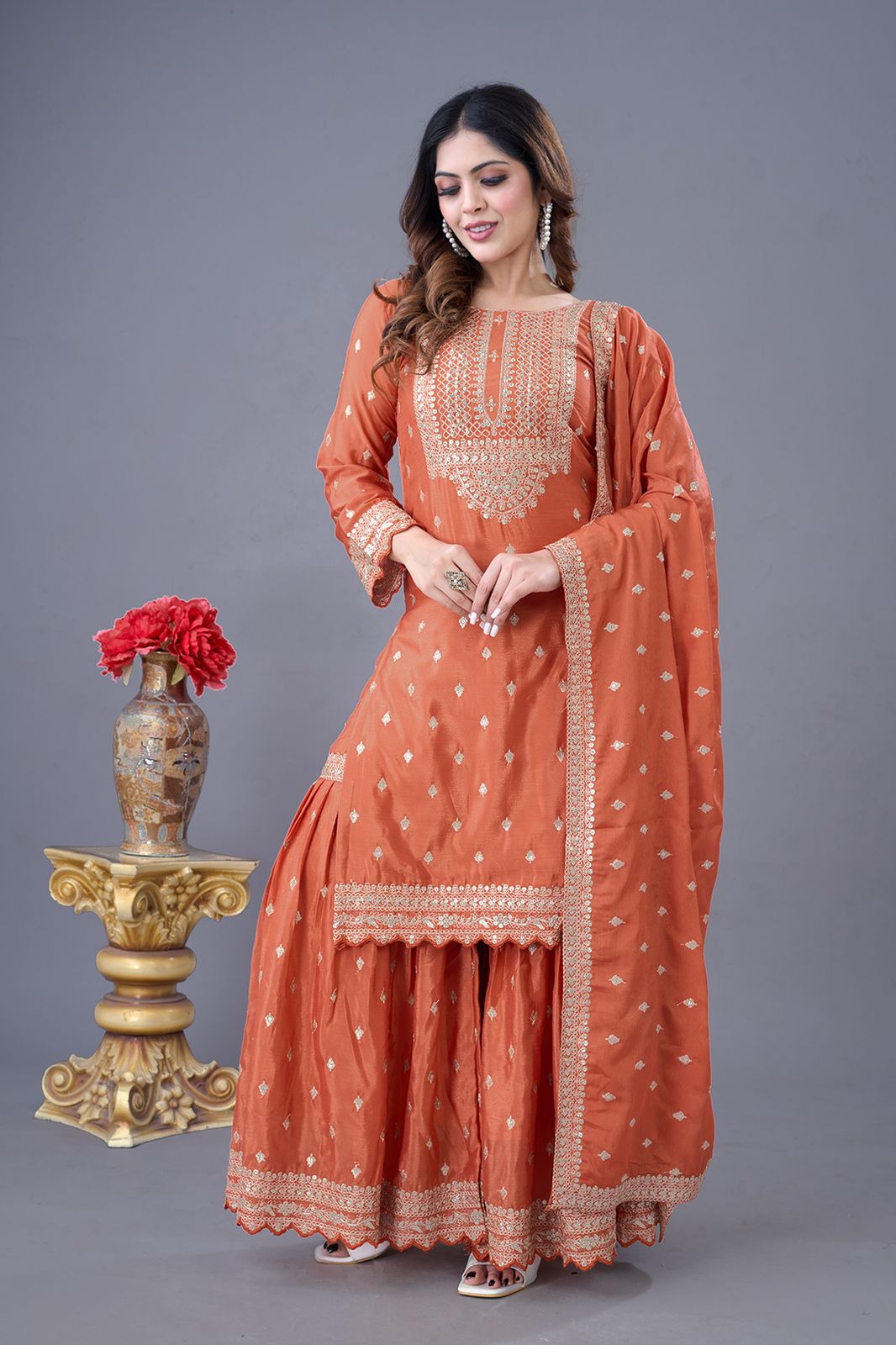 ZF 5006 Orange Color Chinon Silk Sequence Work Salwar Suit Casual, Wedding, Festive, Events . Expected Delivery 4-6 Working Days @2149/- only | Casual Suits, Jump Suits, Creative suits, Designer Suits, Palazzo Suits, Party Wear Suits, Patiala Suits, Salwar suit, Straight Suits