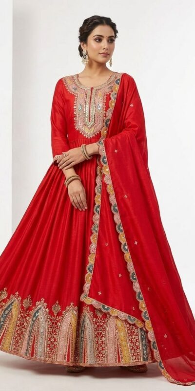 Red Chinon Silk Embroidery Work Salwar Suit