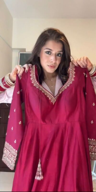 KD 1552 Red Chinon Silk Gown Perfect for Wedding, Party, Family Gatherings, Baisakhi, Baby Shower – . Grab it for ₹1999. Delivery 4-6 Working Days. | Bollywood Gowns, Creative Gowns, Designer Gowns, Embroidered Gowns, Gowns, Party Wear Gowns