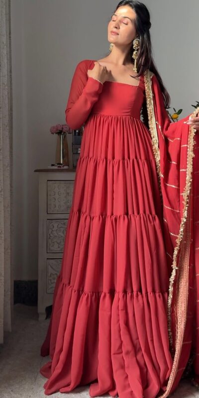 Red Faux Georgette Ruffle Style Gown