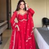 MF 1003 Red Georgette Gown. Perfect for Wedding, Party, Pongal, Bridal Wear, Anniversary – Affordable Price ₹1799. Delivery 4-6 Working Days. Shop now. | Bollywood Gowns, Creative Gowns, Designer Gowns, Embroidered Gowns, Gowns, Party Wear Gowns