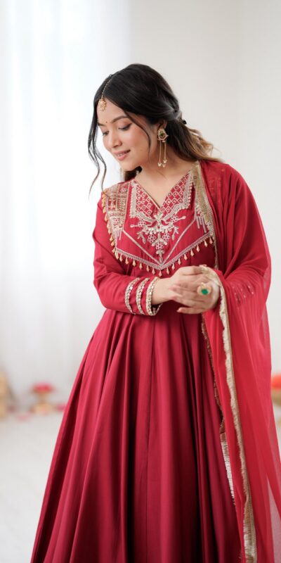 ZSR 3149 Red Roman silk Gown Perfect for Wedding, Party, Sangeet, Haldi, Lohri – . Introductory Price ₹2099. Delivery 4-6 Working Days. Shop now. | Bollywood Gowns, Creative Gowns, Designer Gowns, Embroidered Gowns, Gowns, Party Wear Gowns